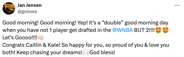 Tweet expressing excitement about two players being drafted into the WNBA, with congratulations and well-wishes