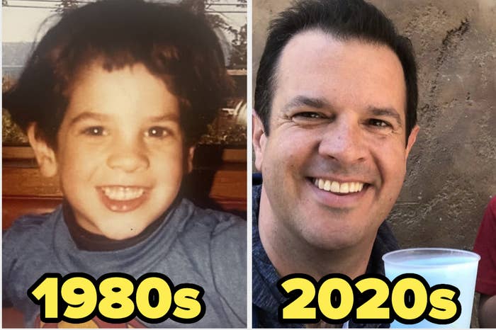 Side-by-side comparison of the same person as a child in the 1980s and as an adult in the 2020s