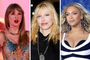 Taylor Swift in a sequined dress, Courtney Love, and Beyoncé in a striped outfit