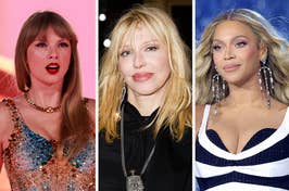 Taylor Swift in a sequined dress, Courtney Love, and Beyoncé in a striped outfit