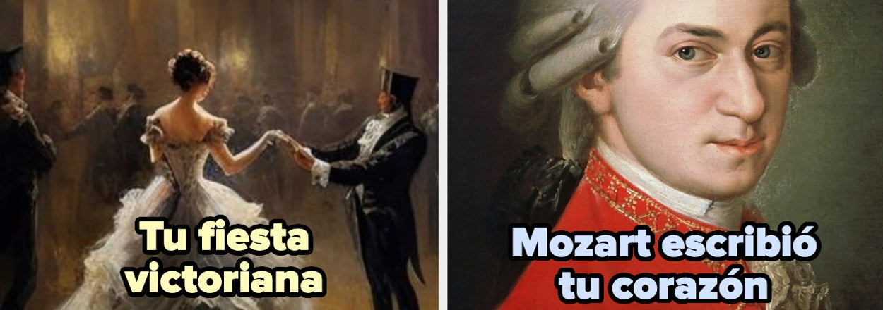 Imagen izquierda: Pareja bailando en salón victoriano. Imagen derecha: Retrato de Wolfgang Amadeus Mozart, texto sobre música