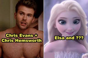 Side-by-side of Chris Evans + Chris Hemsworth morphed together, plus Elsa morphed with another Disney character