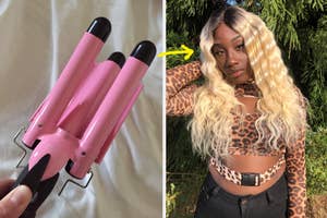 A three barrel curling iron wand and a reviewer's hair after using it
