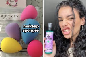 Person making a playful face holding a beauty spray next to image of various makeup sponges