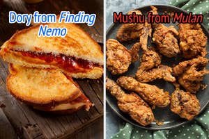On the left, a grilled peanut butter and jelly sandwich labeled Dory from Finding Nemo, and on the right, a plate of fried chicken labeled Mushu from Mulan