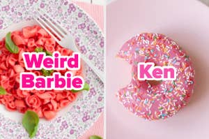 Plate of pasta with "Weird Barbie" text and a doughnut with "Ken" text