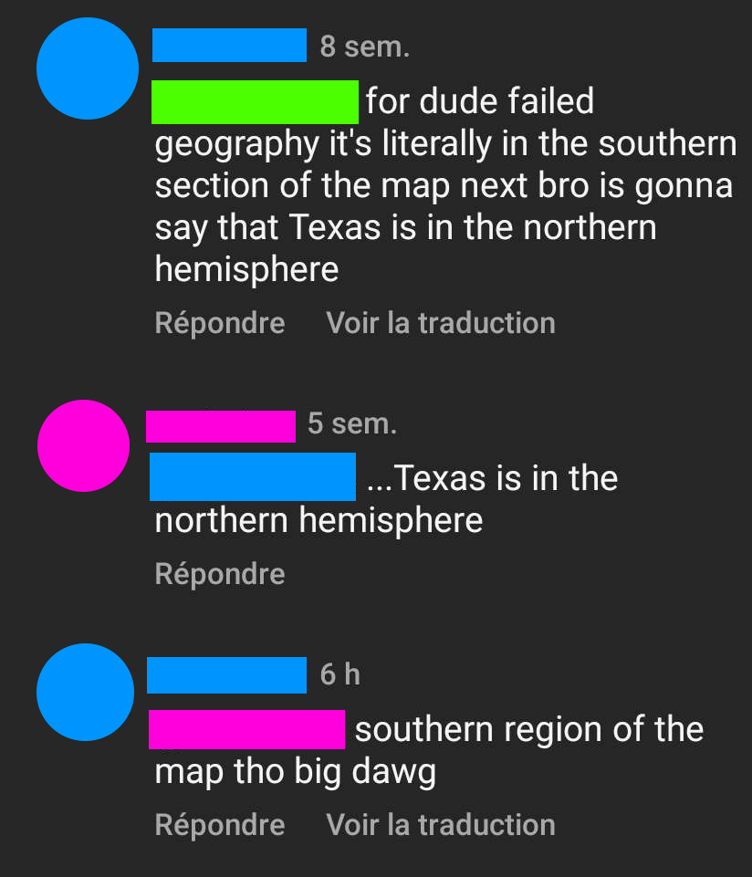 Text messages debating Texas&#x27; location with green, pink, and blue speech bubbles, with translation options