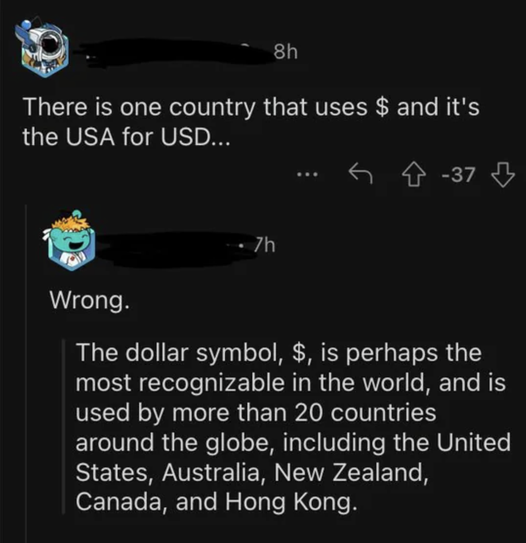 Screen capture of a social media exchange where one user incorrectly states that only the USA uses the dollar currency, and another corrects them with a list of countries using it