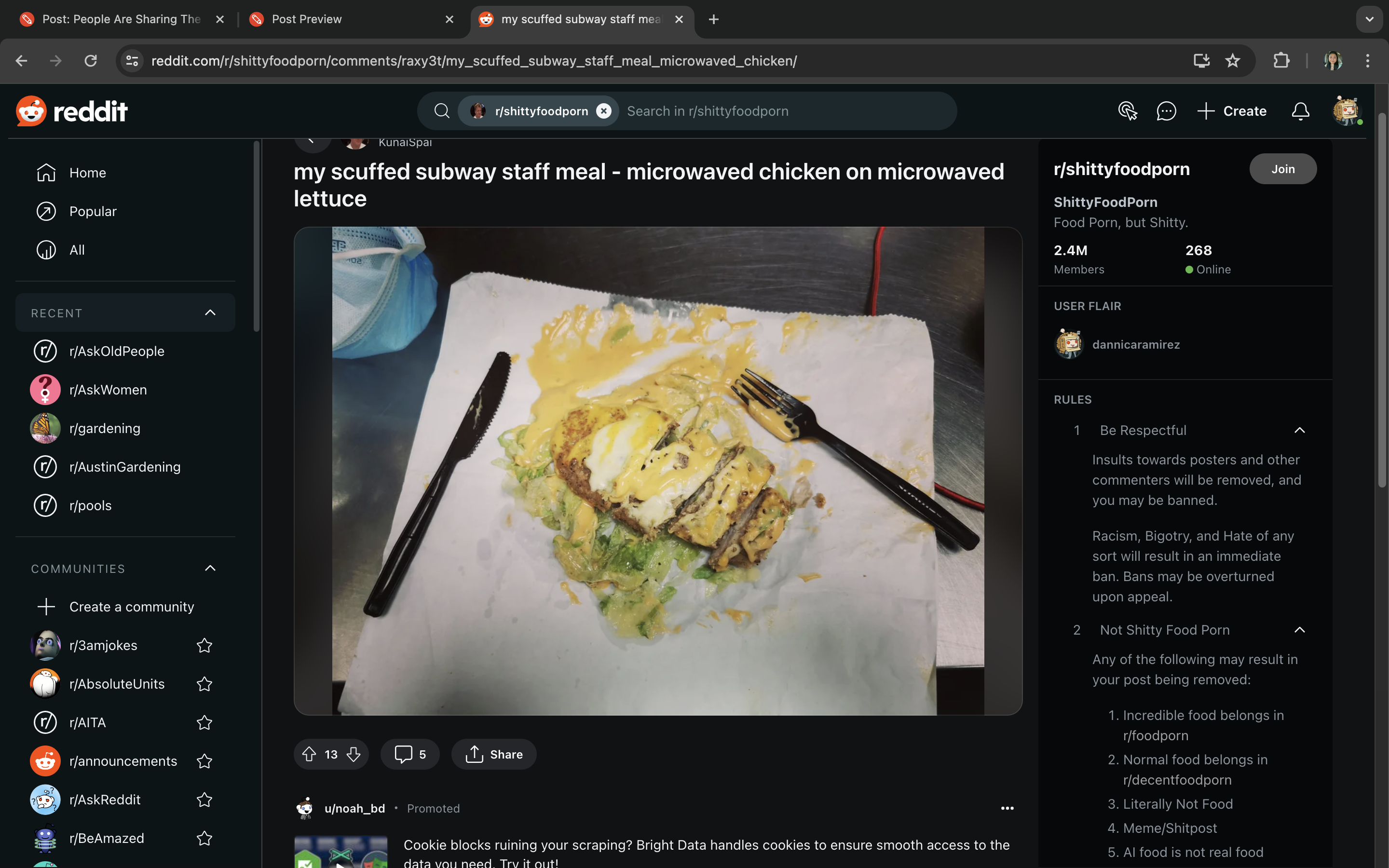 Photo of a microwaved chicken and egg dish on a table, fork and knife on either side