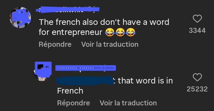 The image shows a social media screenshot with two comment exchanges joking about the French language