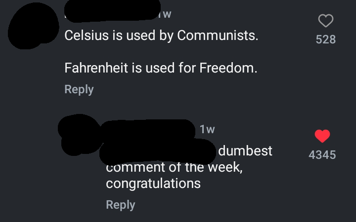 Two blurred social media comments, one about Fahrenheit and freedom, the other calling it the dumbest comment, with heart and reply count