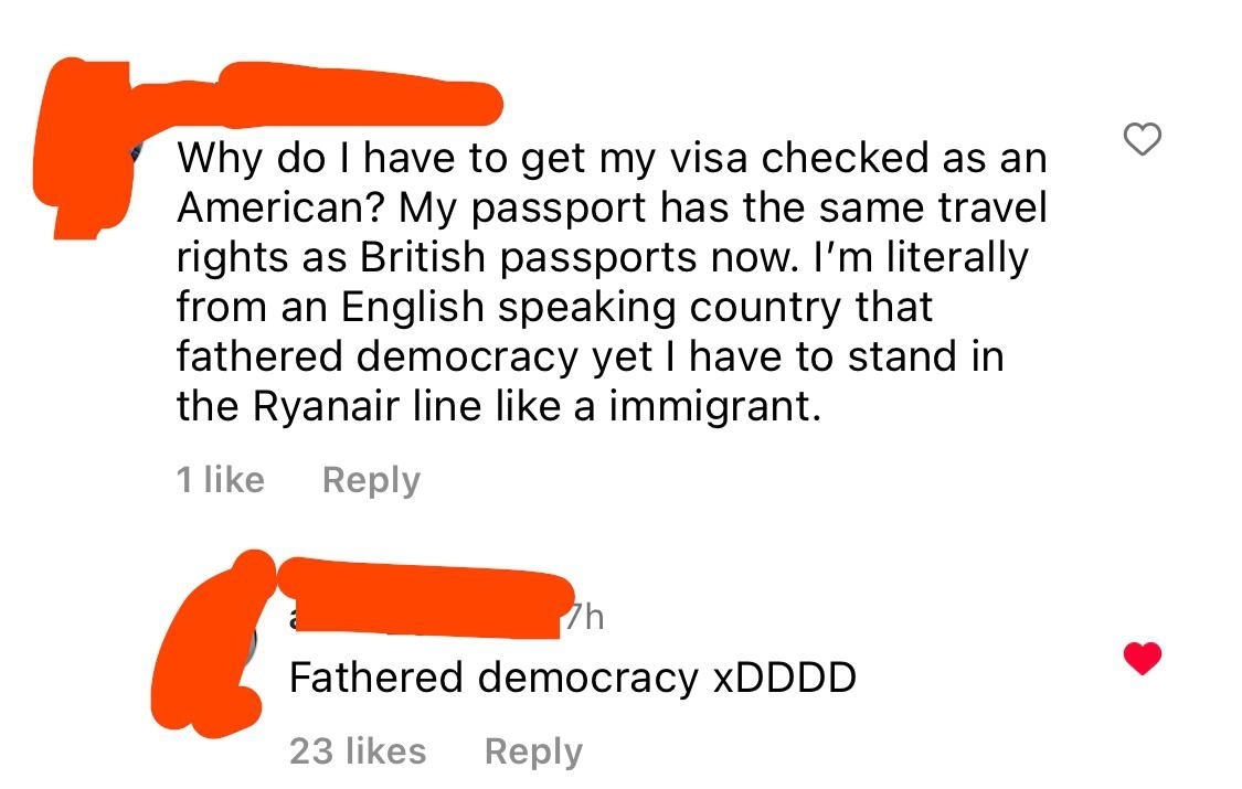 Social media screenshot of a conversation expressing frustration about travel rights post-Brexit, with a reply poking fun at the situation