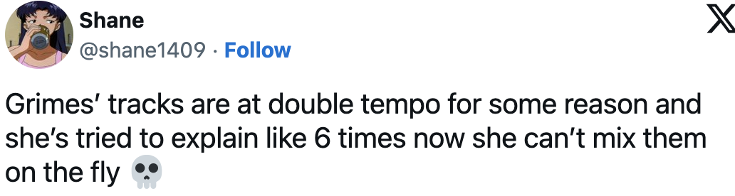 Tweet mentioning Grimes&#x27; struggle with track tempo while mixing, includes a skull emoji