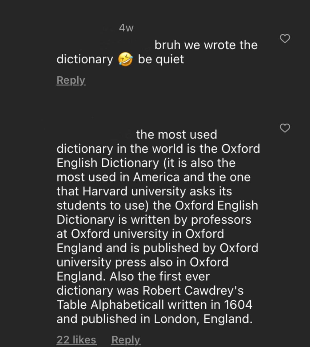 Comment thread on a post discussing the most used dictionaries, with someone mentioning the Oxford English Dictionary&#x27;s prominence and history