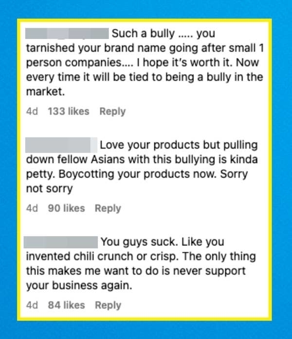 Instagram screenshot showing three comments criticizing a brand for alleged bullying of smaller companies