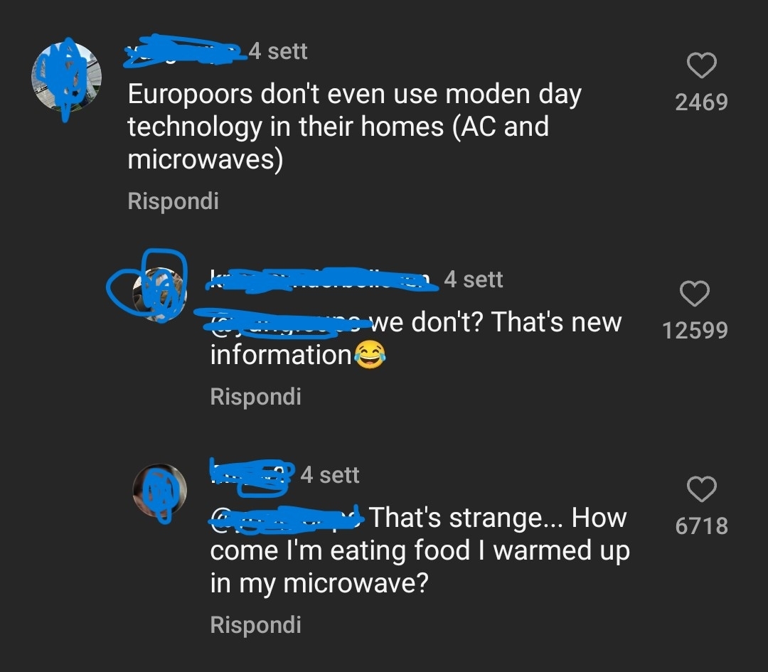 A screenshot of a social media comment thread discussing Europeans&#x27; use of modern technology like microwaves in homes