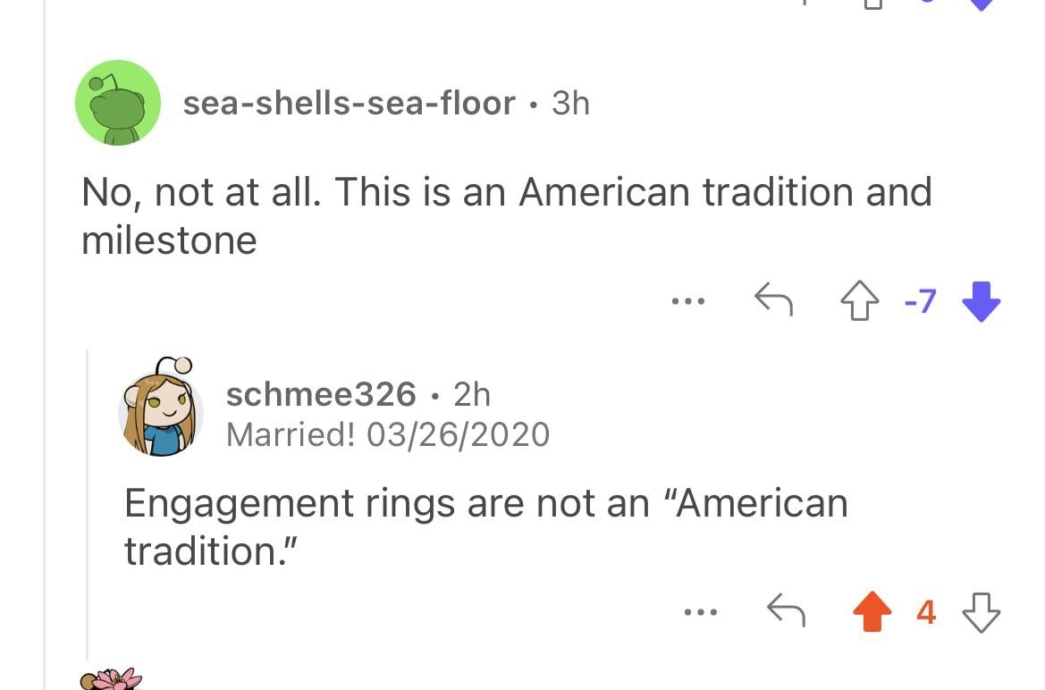 Screenshot of an online discussion about engagement rings, with mixed opinions on whether it&#x27;s an American tradition