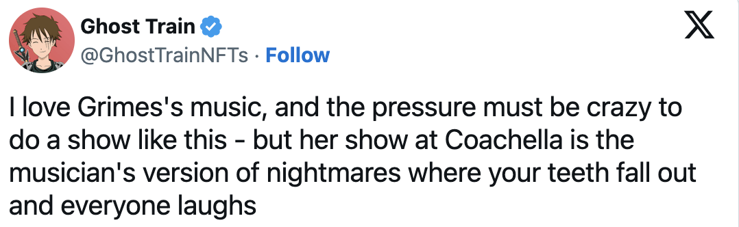 Tweet praises Grimes&#x27; music, mentions pressure of performing, equates her Coachella show to a nightmare