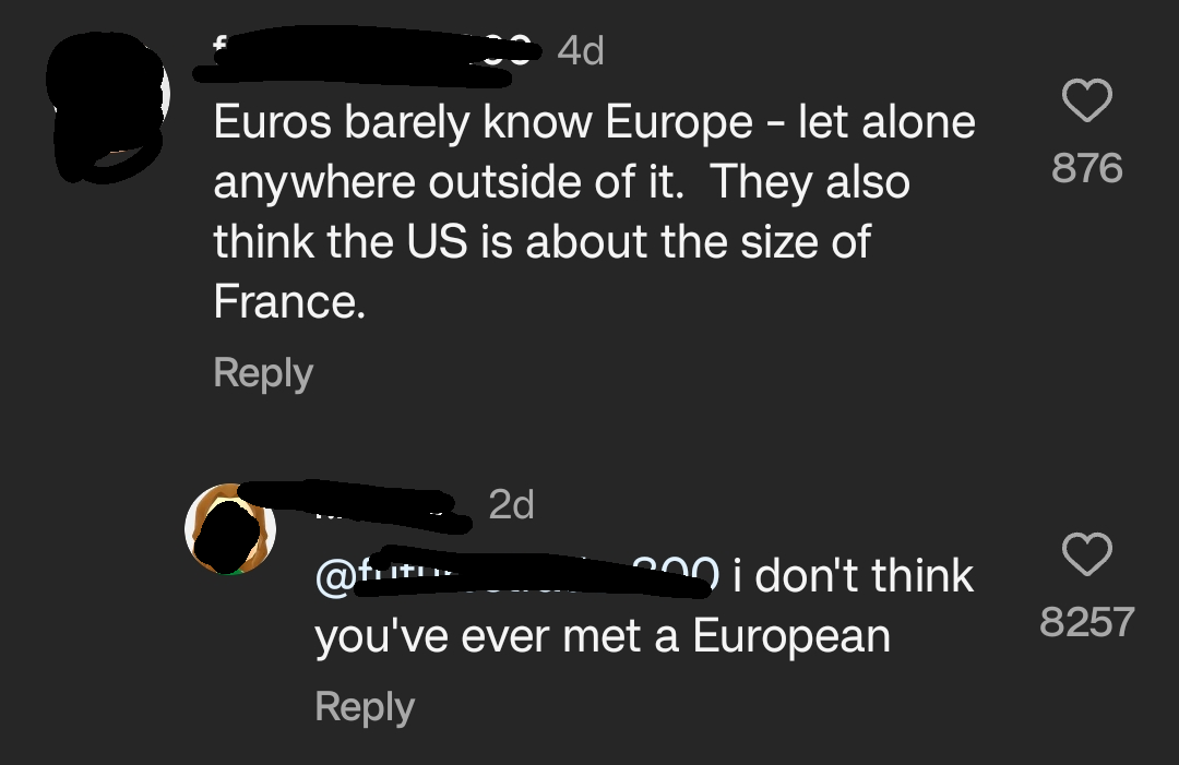 Screenshot of two social media comments debating European geographical knowledge and perception of the US size