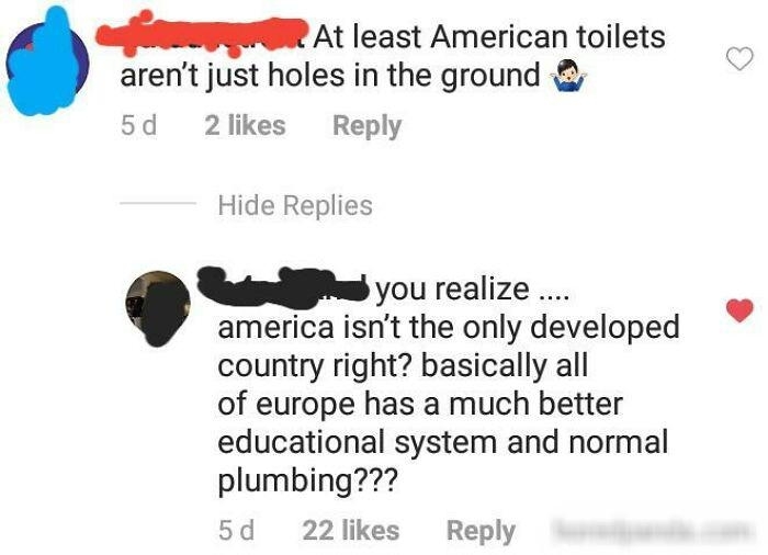 Image contains a social media conversation about toilets in America versus Europe and a comment on education and plumbing systems