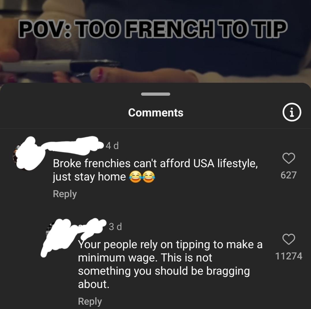 The image shows a smartphone screen displaying a social media post with the title &quot;POV: TOO FRENCH TO TIP&quot; and comments debating tipping culture