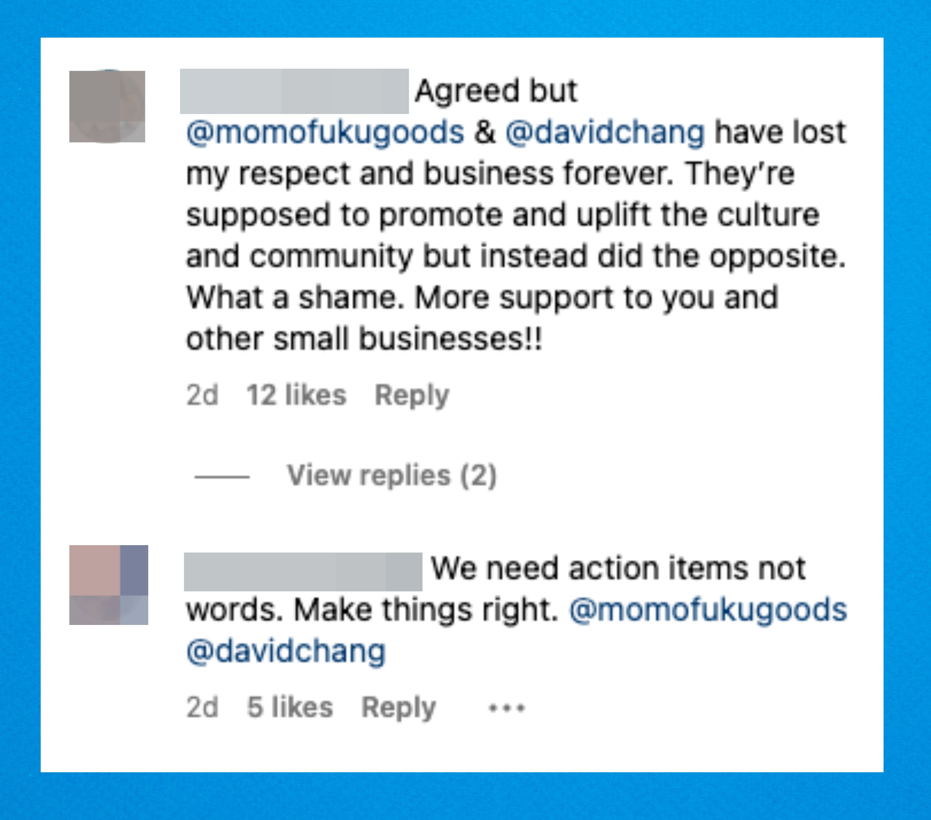 Two social media comments criticizing David Chang and Momofuku brand