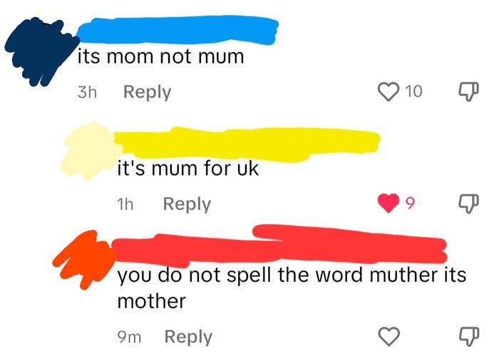 Screenshot of social media comments discussing the correct spelling of &#x27;mother&#x27;
