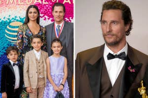 Matthew McConaughey with family at an event; McConaughey in a tuxedo holding an award