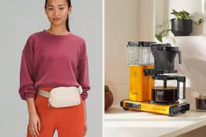 Woman wearing a cream colored lululemon fanny pack next to a Moccamaster coffee maker