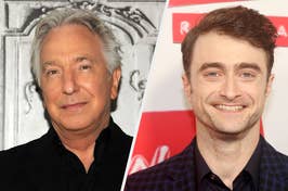 Alan Rickman and Daniel Radcliffe posing separately, Rickman in a black shirt, Radcliffe in a suit jacket