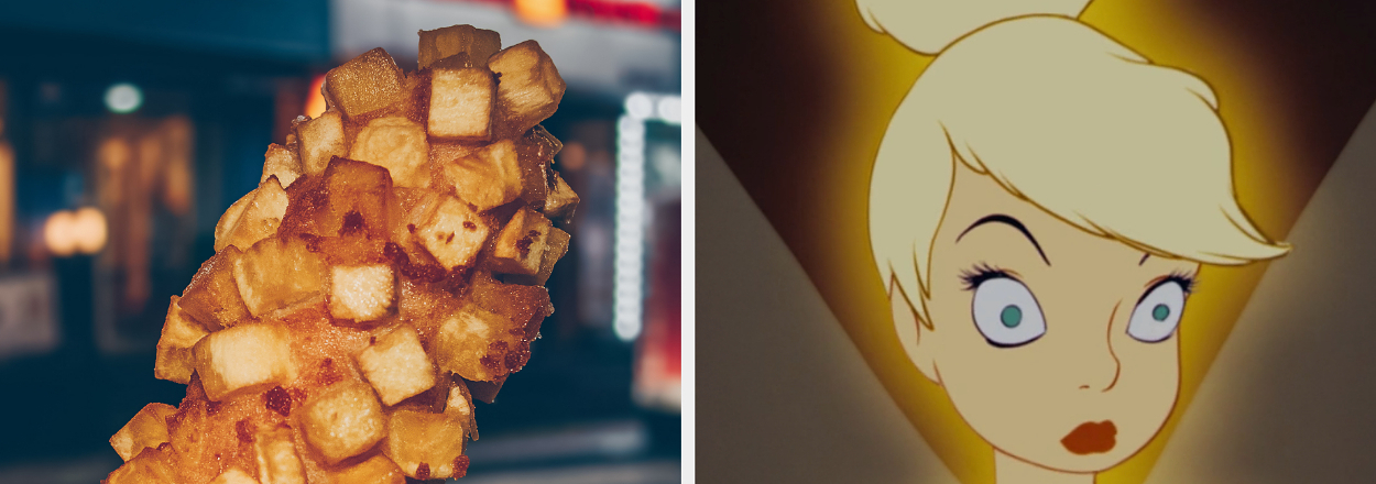 On the left, someone holding a Korean style corn dog, and on the right, Tinker Bell with wide eyes