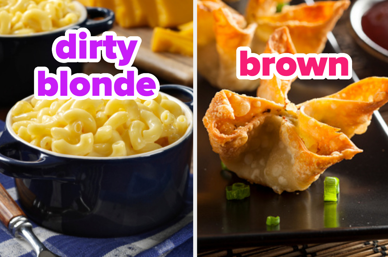 Image comparing dishes named after hair colors: mac and cheese as "dirty blonde" and fried wontons as "brown"