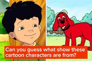 Cartoon characters, a boy and a red dog, with text asking to guess the show