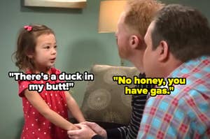 little kid with her dads; text over the kid reads: There's a duck in my butt" and the text over the dads reads: "No honey, you have gas"