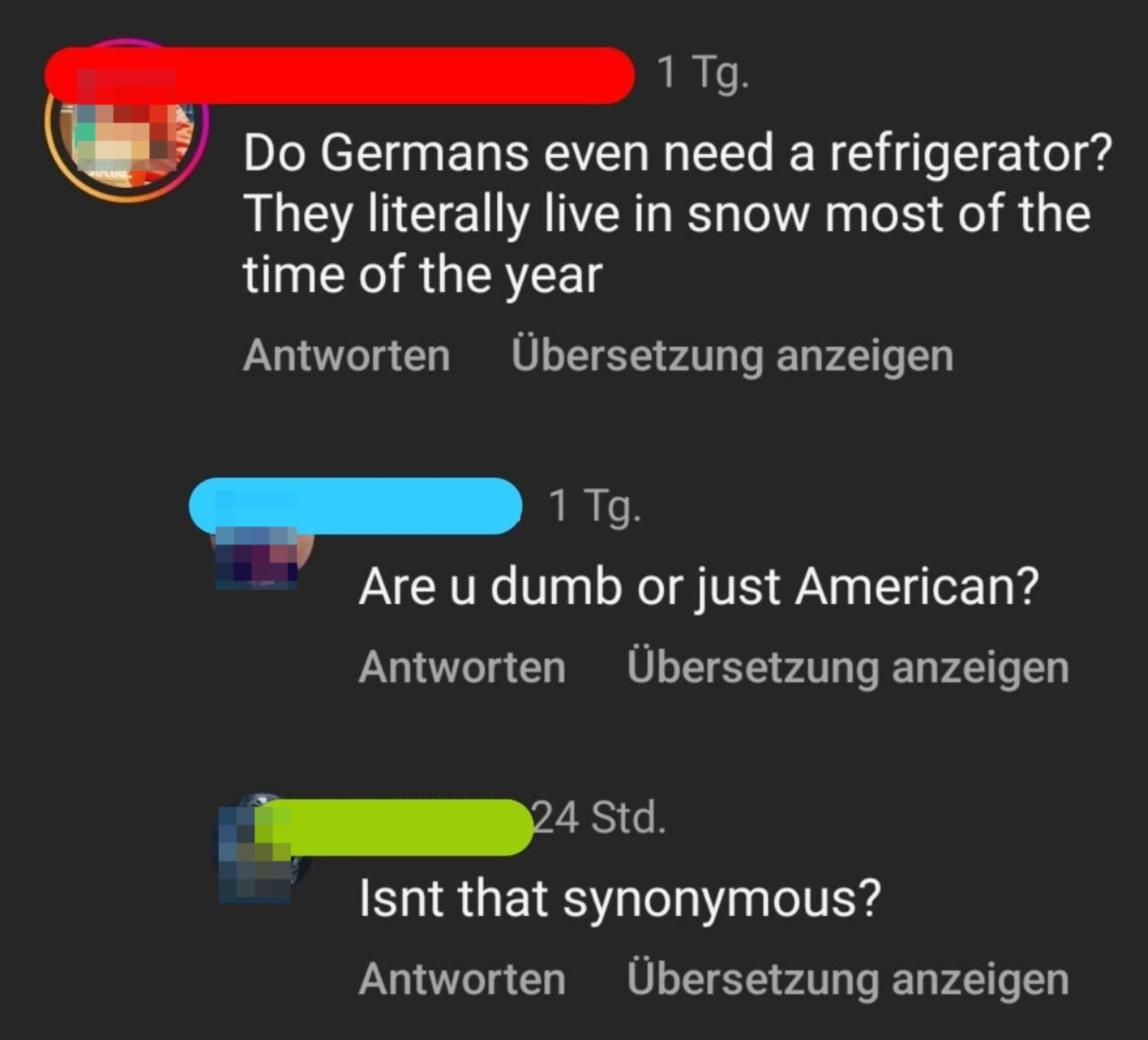Screenshot of a social media comment exchange with misconceptions about Germans and a retort questioning the commenter&#x27;s intelligence