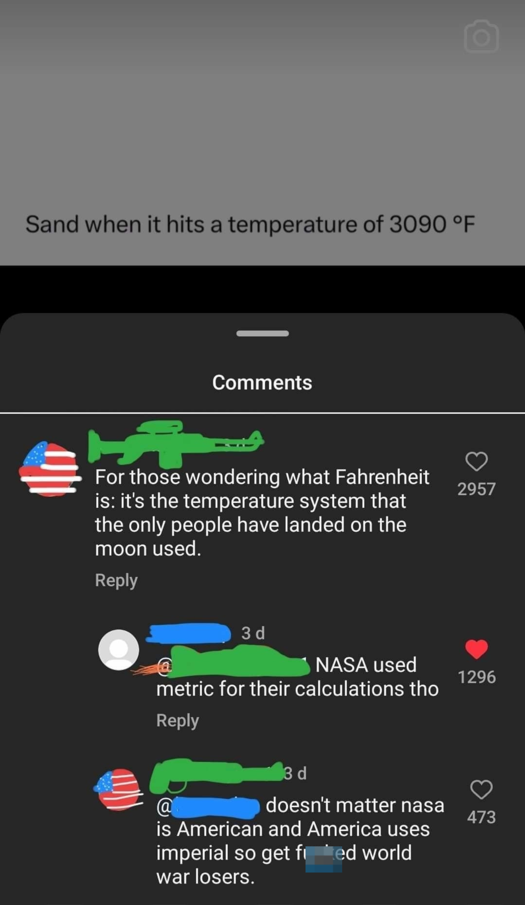 Commentary on a social media post about temperature systems with flags representing countries