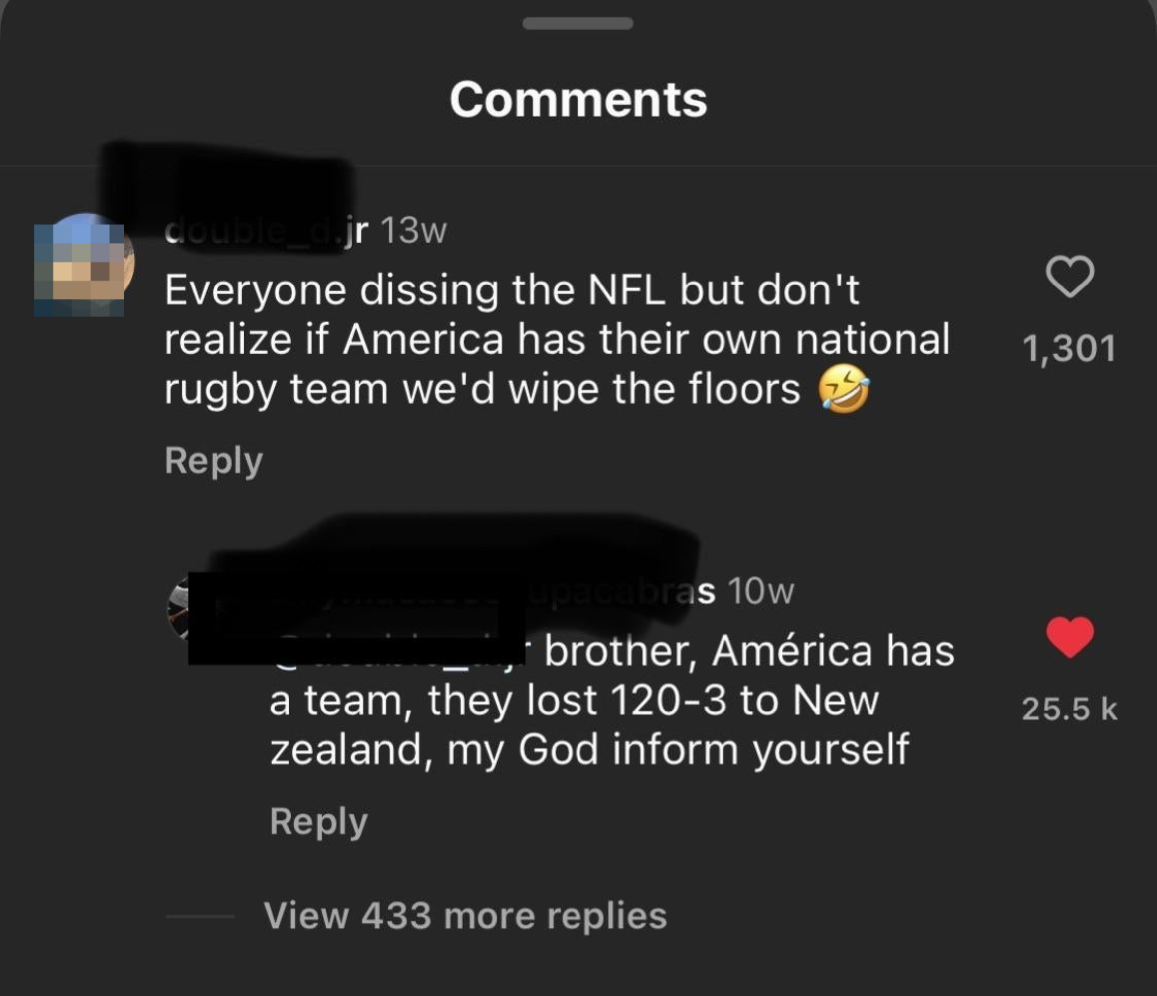 The image shows two social media comments joking about American soccer teams compared to the NFL