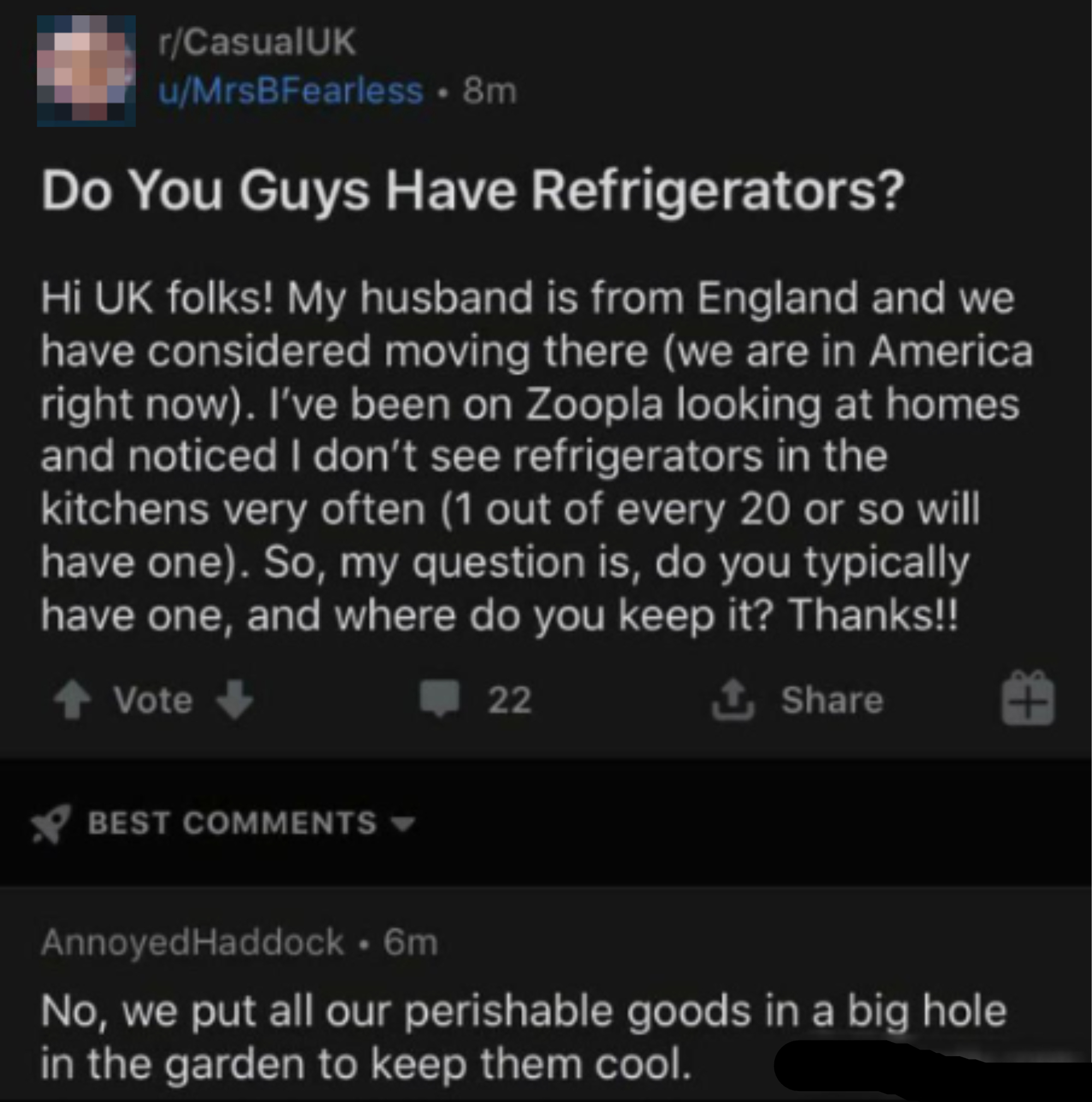 Reddit post asking about refrigerators in American and English homes, with a humorous reply about storing perishables in a hole