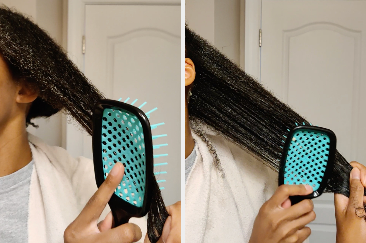 A side-by-side image of brushing my curly hair with the detangler brush