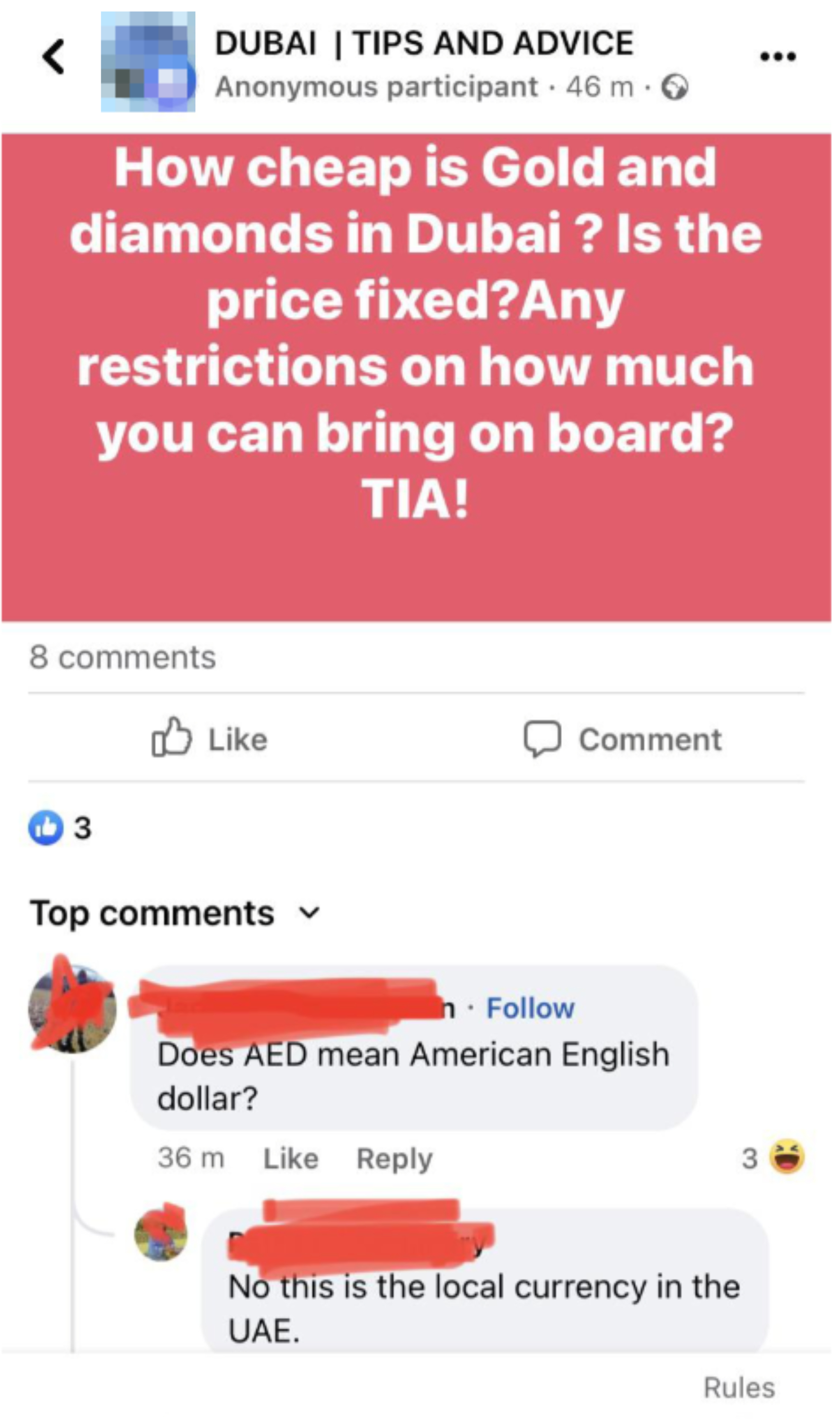 The image shows a screenshot of a social media post asking for tips on how to buy gold in Dubai and whether the price is fixed. There are comments below, one asking what &quot;AED&quot; means