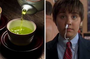 A side-by-side of green tea and Amanda Bynes in She's the Man