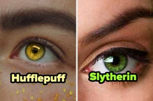 Dos ojos con maquillaje artístico inspirado en las casas Hufflepuff y Slytherin de Harry Potter
