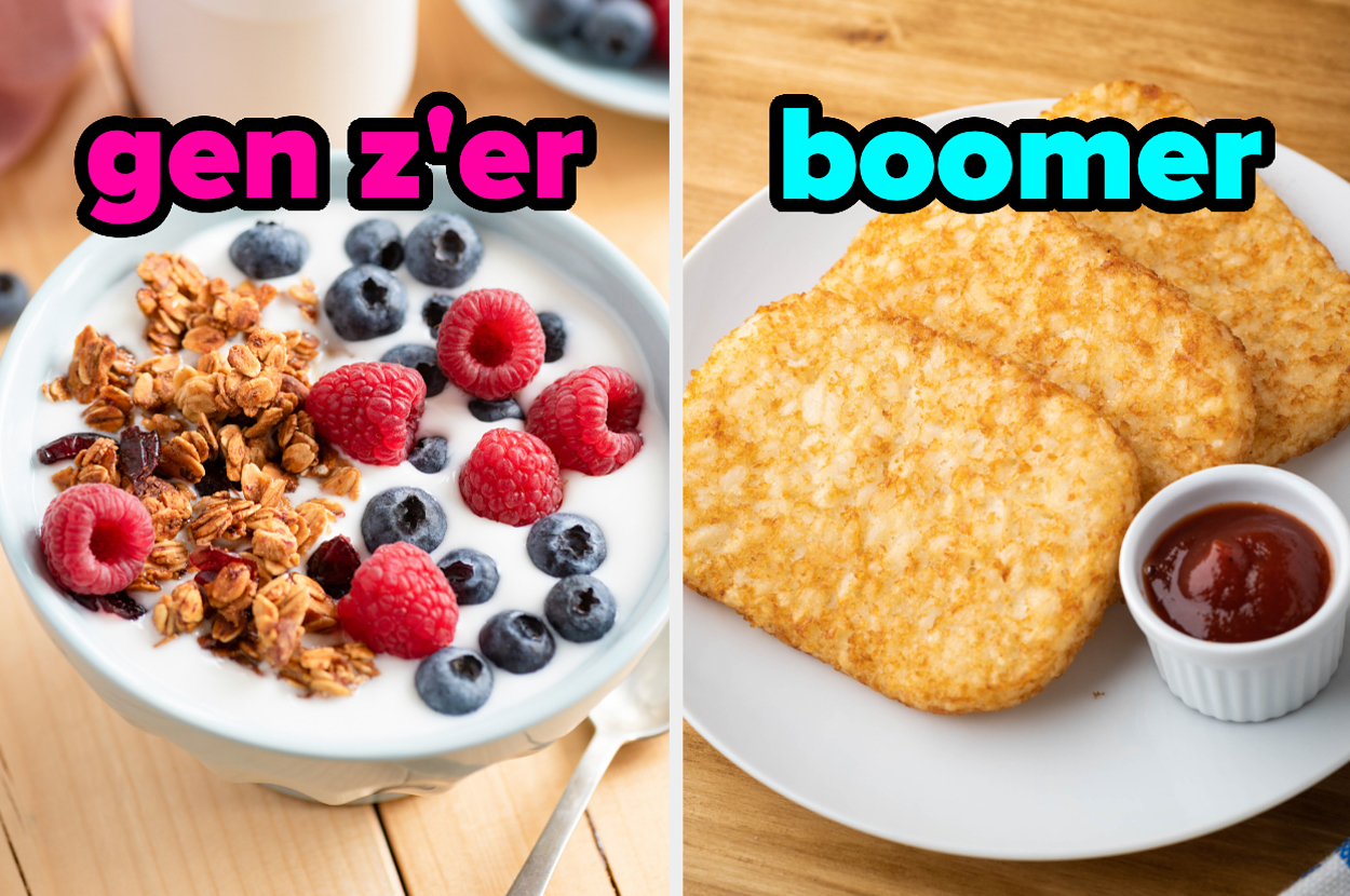 On the left, a bowl of yogurt topped with berries and granola labeled gen z'er, and on the right, some hash browns labeled boomer