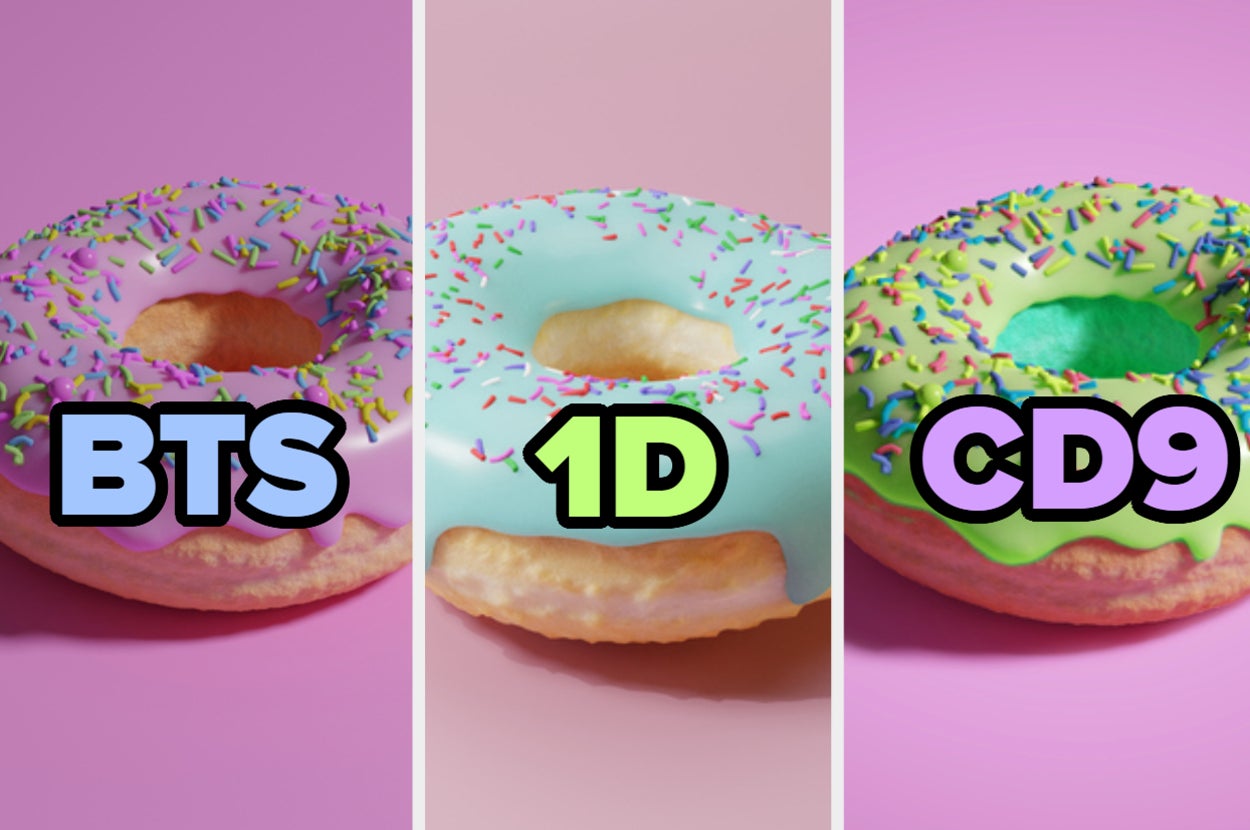 Tres donas con las siglas de los grupos musicales BTS, 1D y CD9 encima