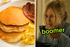 On the left, a breakfast plate with pancakes, bacon, and scrambled eggs, and on the right, Jennifer Coolidge holding a mug to her lips as Tanya on The White Lotus labeled boomer