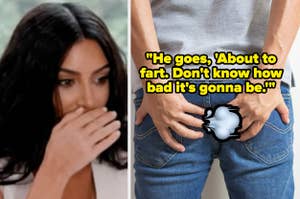 woman covering her mouth in shock next to a man grasping his butt with the text, "He goes, 'About to fart. Don't know how bad it's gonna be'"