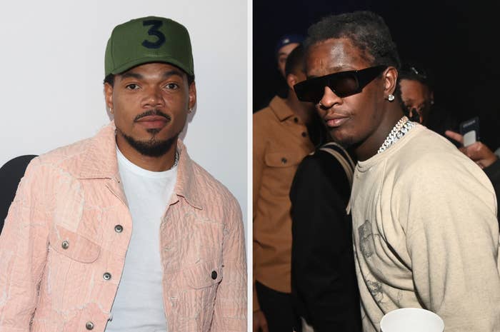 Chance the Rapper in a cap and light jacket stands next to Young Thug in sunglasses and a beige sweater