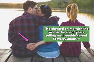 Image of a three people by a lake; two are kissing while one holds hands with another, indicating infidelity. Text expresses betrayal