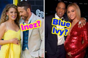 Two couples posing, one in formal attire, the other couple with one member in a red sparkling outfit. Text questions about Inez and Blue Ivy