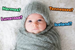 A baby wrapped in a blanket surrounded by the names Hermes, Lunarose, Tennessee, and Iceland